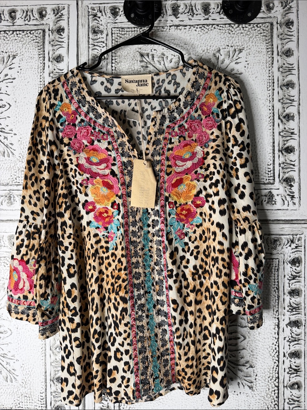 Savanna Jane Leopard Print Tunic with Pink, Orange & Turquoise Embroidery